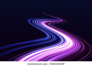 Abstract Vector Illustration with Smooth, Flowing Lines in Pink, Purple, and Blue Against a Dark Background. Modern abstract high-speed light motion effect on black background.	