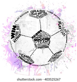 Abstract vector illustration of soccer ball with football words and  watercolor splashes. Good idea for t-shirt design