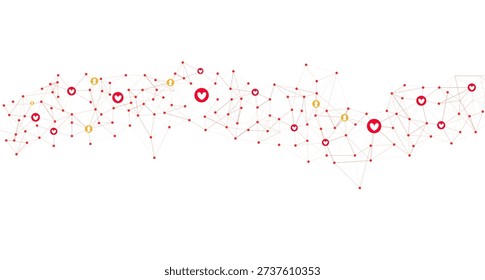 Abstract vector illustration of a social media network. Interconnected nodes with user profile icons and heart symbols representing likes, love, and online dating.