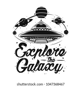 Abstract vector illustration with spaceship surrounded by planets. Space travel and universe exploring concept. UFO, aliens, conspiracy theory tattoo, t-shirt, poster art. 