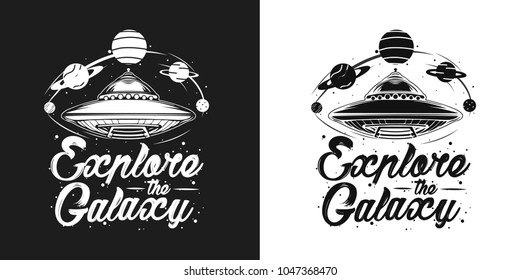 Abstract vector illustration with spaceship surrounded by planets. Space travel and universe exploring concept. UFO, aliens, conspiracy theory tattoo, t-shirt, poster art. 