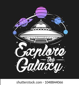 Abstract vector illustration with spaceship surrounded by planets. Space travel and universe exploring concept. UFO, aliens, conspiracy theory tattoo, t-shirt, poster art. 