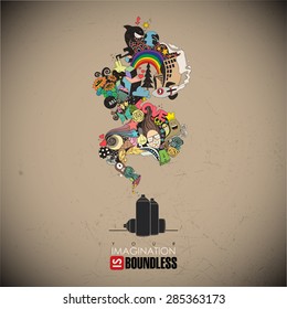 Abstract vector illustration with spray can and magic smoke.