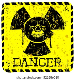 Abstract vector illustration square grunge yellow sign radiation to skull with lettering danger