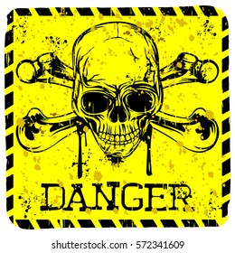 Abstract vector illustration square grunge symbol skull and crossed bones with lettering danger 