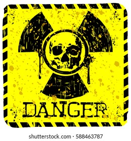 Abstract vector illustration square grunge yellow symbol radiation to skull with lettering danger