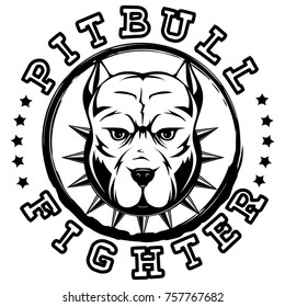 Abstract vector illustration stamp with head dog breed pit bull with collar with spikes. Inscription pitbull fighter.
