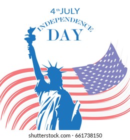 Abstract vector illustration of the Statue of Liberty, the flag of the United States of America and the inscription on July 4, Independence Day on a white background