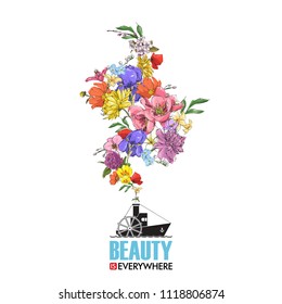 Abstract vector illustration of steamship  and flowers.