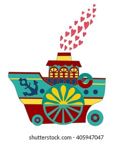 Abstract vector illustration with steamship and hearts. Love boat, funny children's book illustration