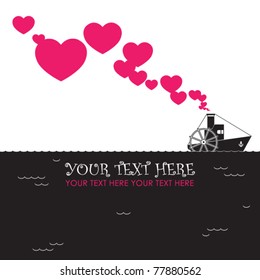 Abstract vector illustration with steamship and hearts. Place for your text.