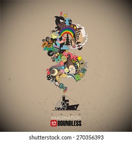 Abstract vector illustration with steamship  and magic smoke.