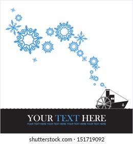 Abstract vector illustration of steamship and snowflakes.