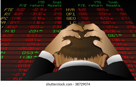 Abstract vector illustration of a stock broker looking at the stock exchange screen in despair