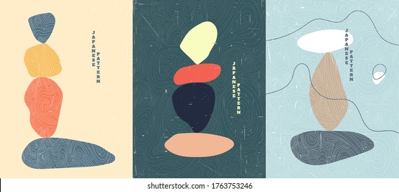 Abstract vector illustration. Stone balancing concept. Minimalist shapes. Linear curved pattern. Old paper with scratches effect. Design for cover, poster, brochure, gift card. Flat color background