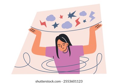 Abstract vector illustration of stressed and overwhelmed woman in flat cartoon style. Emotional and mental health concept, anxiety, tension, and introspection emotions. Perfect for psychology themes