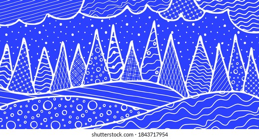 Abstract vector illustration. Stylization of a winter landscape: snowdrifts, trees, sky. Original textures.