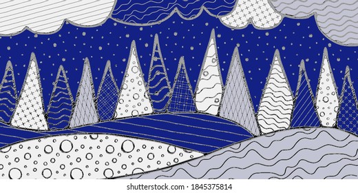 Abstract vector illustration. Stylization of a winter landscape: snowdrifts, trees, sky. Original textures.