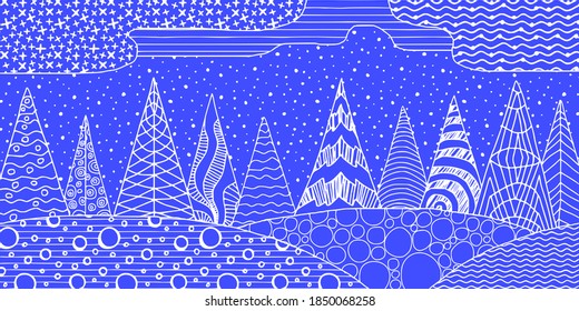 Abstract vector illustration. Stylization of a winter landscape: snowdrifts, trees, sky. Original textures.