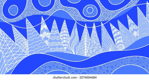 Abstract vector illustration. Stylization of a winter landscape: snowdrifts, trees, sky. Original textures.