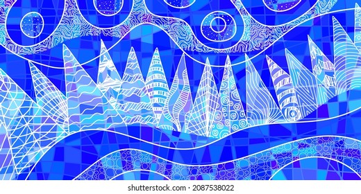 Abstract vector illustration. Stylization of a winter landscape: snowdrifts, trees, sky. Original textures.