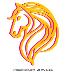 Ilustração vetorial abstrata de uma cabeça de cavalo estilizada em amarelo vibrante e rosa, apresentando uma juba dinâmica e fluente e um estilo gráfico arrojado.
