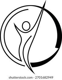 Abstract vector illustration of a stylized human figure with arms raised inside a circle representing success and achievement