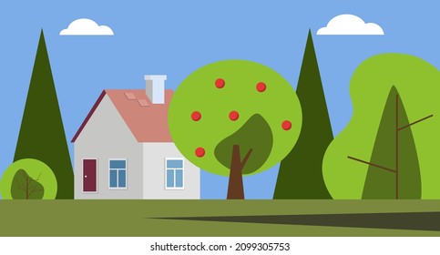 Abstract vector illustration of summer landscape with house and trees. Idea for wallpaper, holiday greeting cards, postcards .