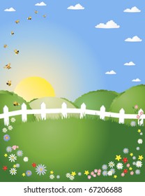 abstract vector illustration of a summer landscape with green hills white picket fence and bees and flowers in eps10 format