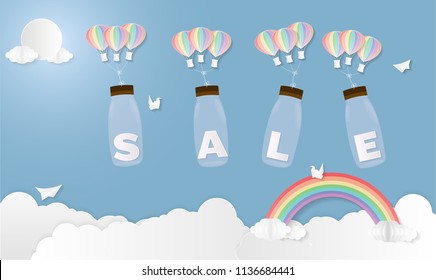 Abstract Vector Illustration Summer Sale Background with colorful balloon Text sale Rainbow and Glass bottles.Paper art