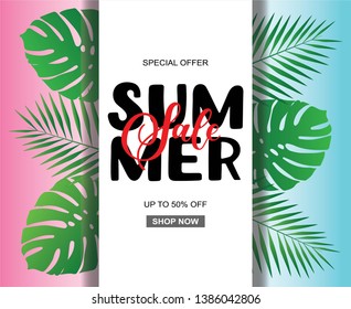 Abstract vector Illustration Summer Sale on colorful background with palm and plant leaves. Lucky template for your advertising, sale and special offers.