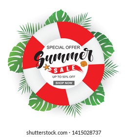Abstract vector Illustration Summer Sale isolated on white background with life buoy, seashell, starfish, palm and plant leaves. Lucky template for your advertising, sale and special offers.