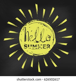 Abstract vector illustration with sun. Hello summer. Blackboard. Background for design of postcard, banner, poster, flyer. Lettering and calligraphy.