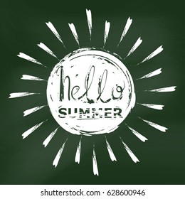 Abstract vector illustration with sun. Hello summer. Blackboard. Background for design of postcard, banner, poster. Lettering and calligraphy.