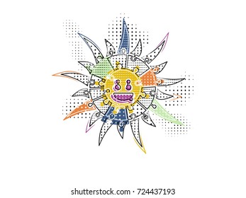 Abstract vector illustration of the sun made out of puzzle pieces in memphis style