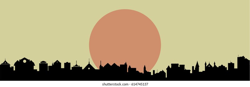 Abstract vector illustration of  sun over city silhouette
flat cityscape
