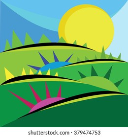 Abstract vector illustration sunrise on field