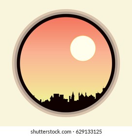 Abstract vector illustration
sunset cityscape in circle, abstract icon