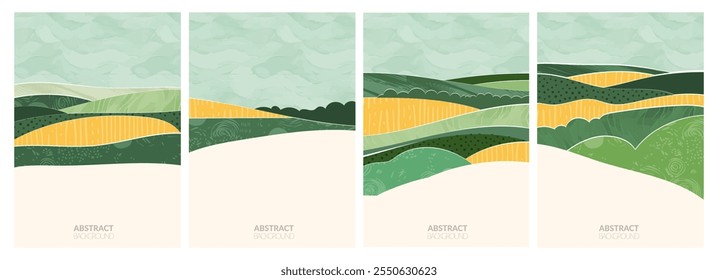 Abstract vector illustration of sustainable farm landscape, with wheat, rice, soybean field, terrace, vineyard. Geometric pattern blend nature and agriculture, scenic aerial view. Green nature collage