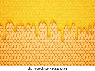 Abstract Vector Illustration with Sweet Flow Down Honey and Honeycombs. Delicious Food Background.