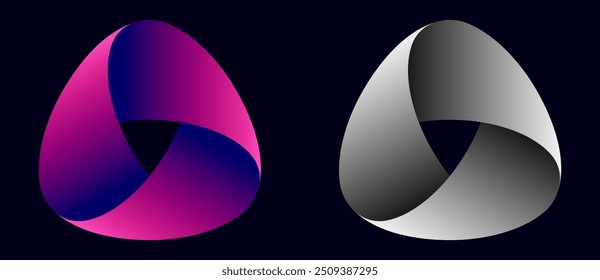 Abstract vector illustration with swirl triangle like moebius ribbon. Blue with purple colors and gray gradient icon or logo.