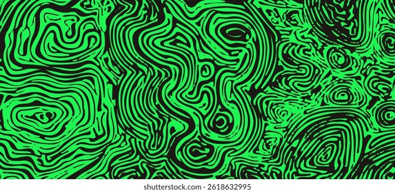 Abstract vector illustration with swirling green and black contour lines, creating a chaotic, hypnotic pattern with organic, topographic, and psychedelic effects.