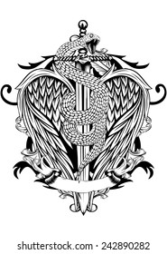 Abstract vector illustration sword with snake and wings