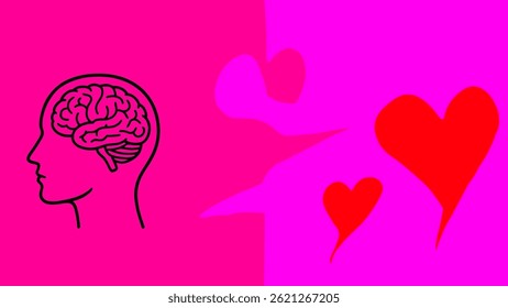 Ilustración vectorial Abstractas que simboliza la salud mental y el equilibrio emocional, con un cerebro y corazones sobre un fondo vibrante. Ideal para contenido de psicología, terapia y conciencia.