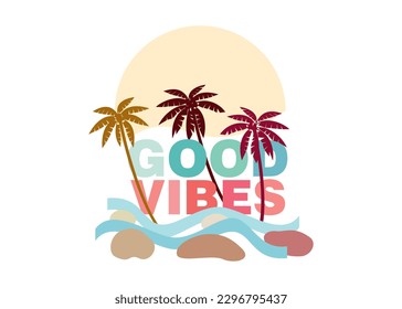 An abstract vector illustration of tall palm trees with the text Good Vibes set behind a Hawaiian sunny day with beach waves and few rocks by the sea shore