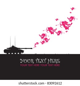 Abstract vector illustration with tank and cupids.