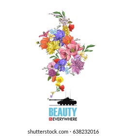 Abstract vector illustration of tank and flowers.