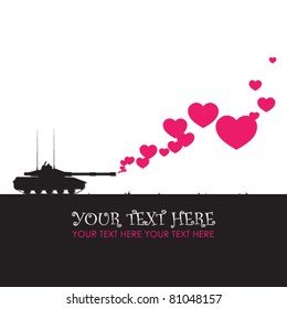 Abstract vector illustration with tank and hearts. Place for your text.