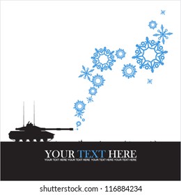Abstract vector illustration of tank and snowflakes.