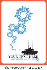 Abstract vector illustration of tank and snowflakes.